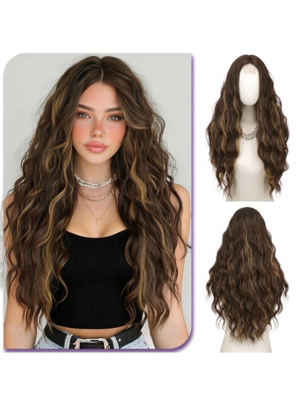 Women's Dark Brown 2 28 Inch Lace Front Soft Synthetic Long Wavy Curly Wigs